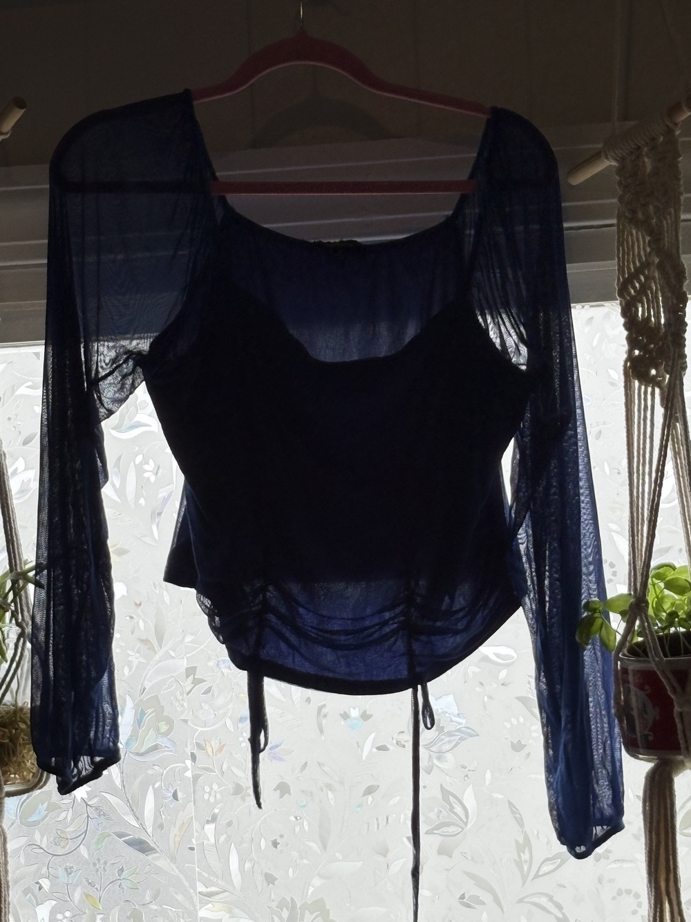 Ambiance Women's Blue Sheer Mesh Ruched Long Sleeve Crop Top Size 2X Plus